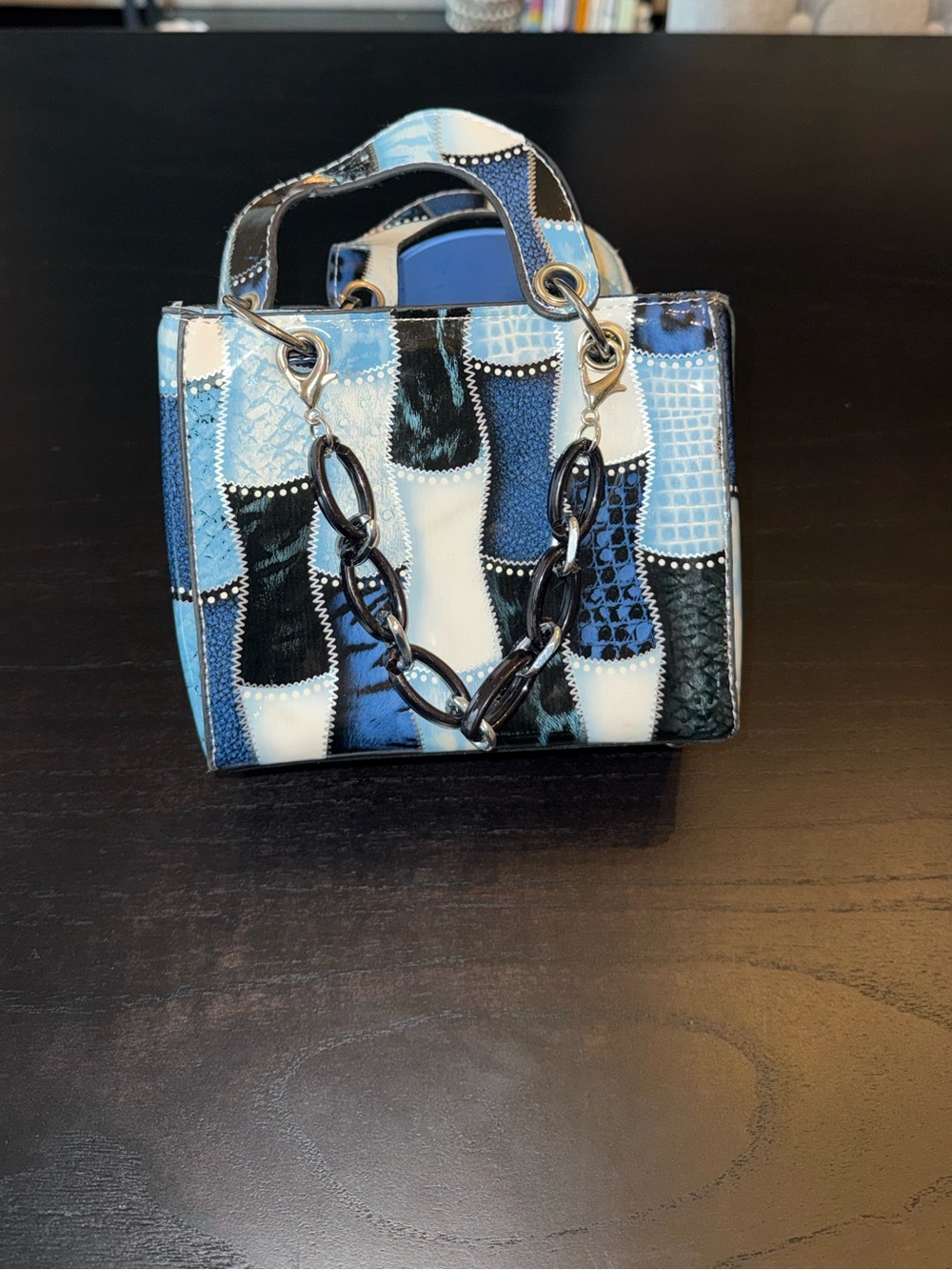 Blue Black White Patchwork Mini Handbag Purse Chain Detail Y2K